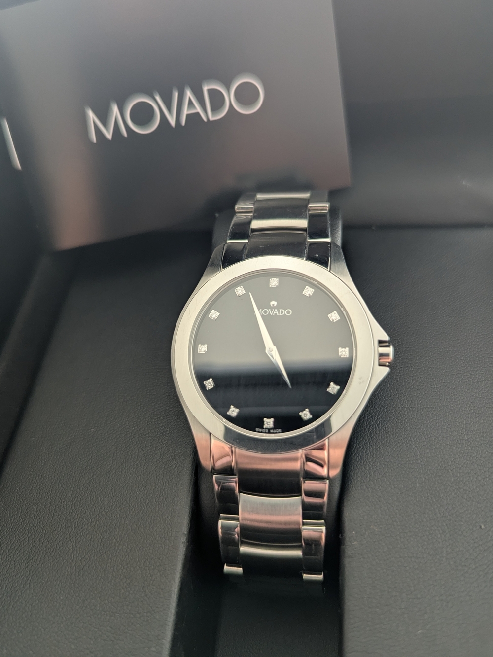 Movado Men's Stainless Steel Black Dial Bracelet Watch DIAMOND $1995